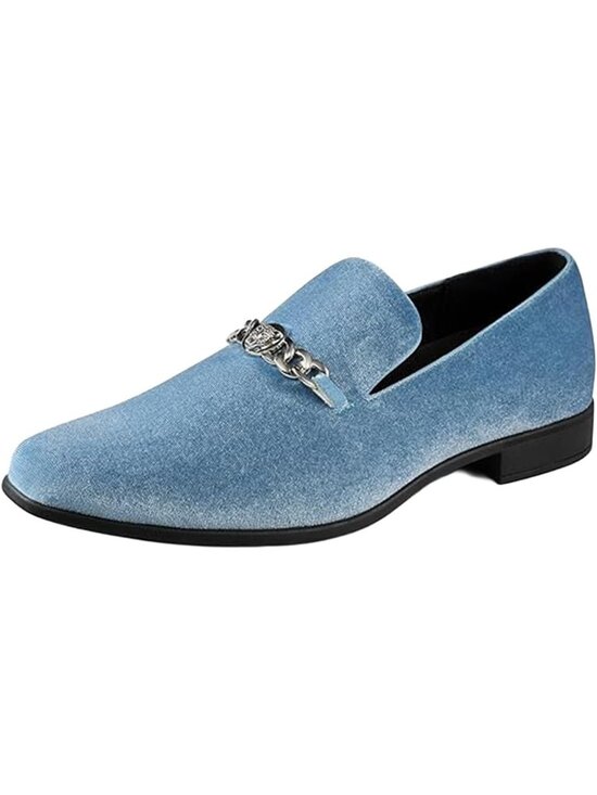 Amali Men\'s Light Blue Velvet Loafers Metal Chain Buckle Slip On Tuxedo Shoes main image 7
